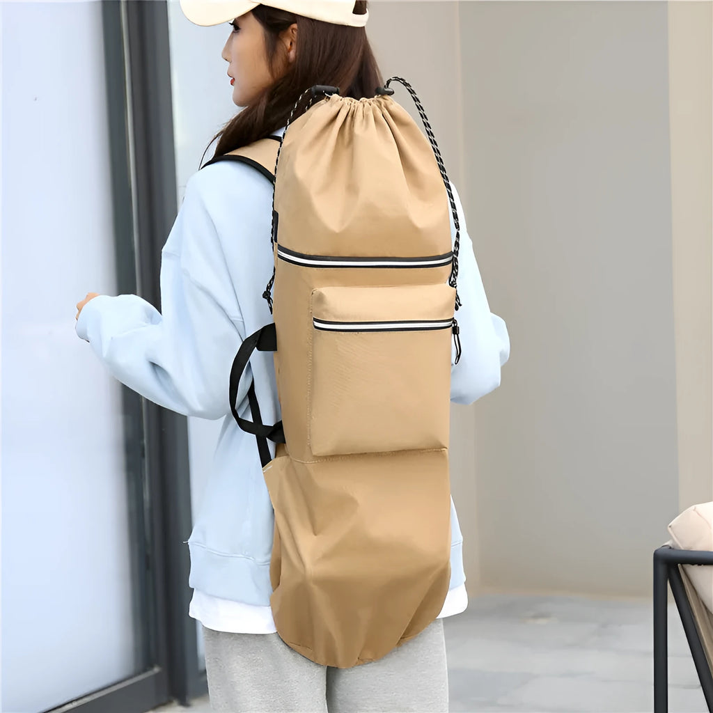 Waterproof nylon skateboard backpack in camouflage, showing large capacity for fishing rods and sports gear.