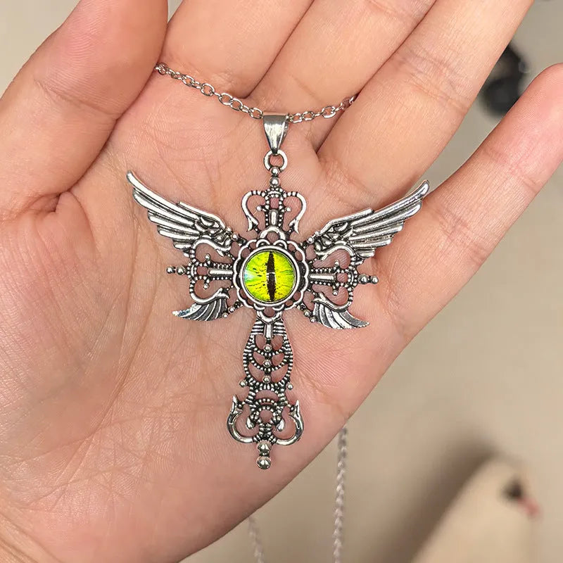 Creative geometric devil wings cross pendant necklace in alloy with multiple colour options