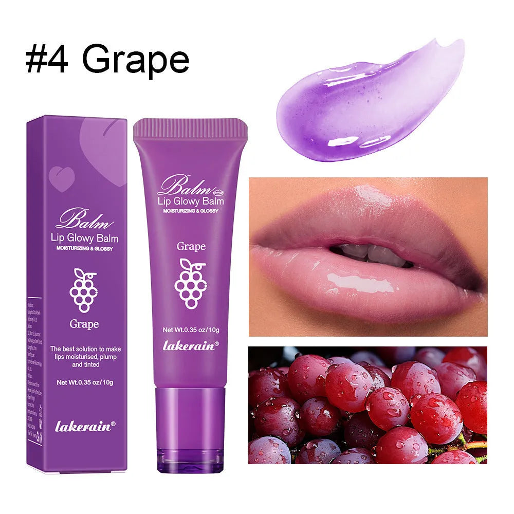 Four flavoured lip glosses in berry, grape, grapefruit, and yellow peach shades.