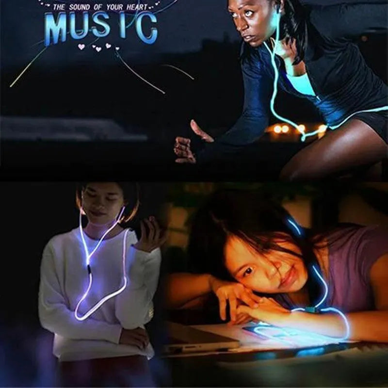 Compatible LED earphone with aluminum shell and music rhythm light in blue green or pink colors