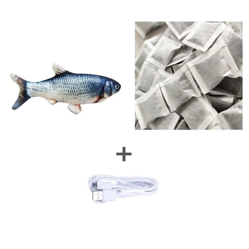 Electric jumping fish simulation cat toy showing multicolor options and USB charging cable.
