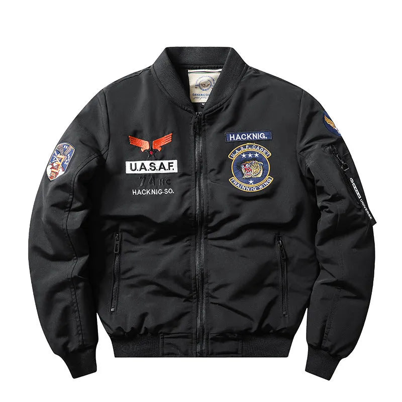 Men's slim-fit black retro motorcycle jacket with stand collar and embroidery.