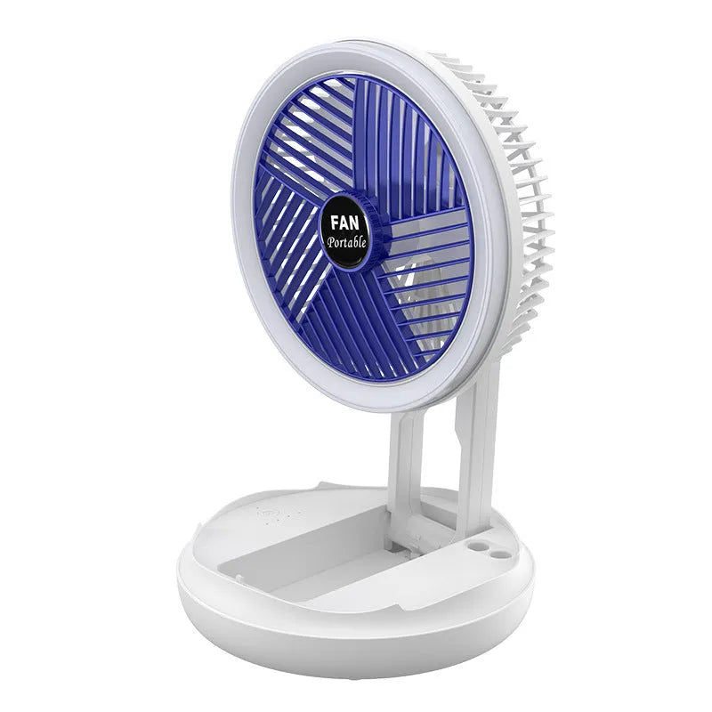 Blue foldable USB desk fan with LED light shown in wall-mounted and desk positions