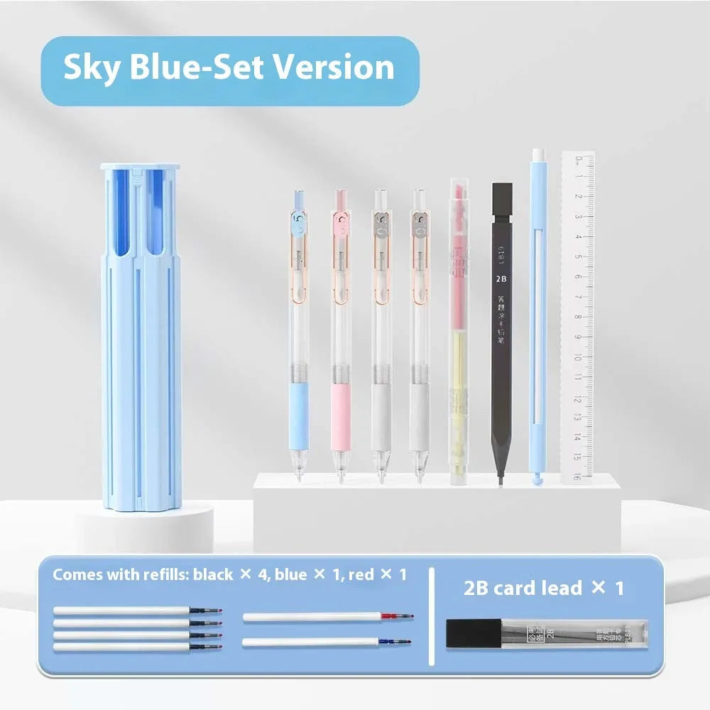 Plastic pressing pen pencil case kit in Sky Blue, Vigorous White, and Girl Pink colours for six or sixteen pens