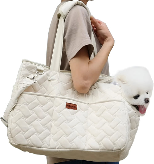 Grey mesh pet carrier bag with safety tether and multiple pockets for cat or small dog transport