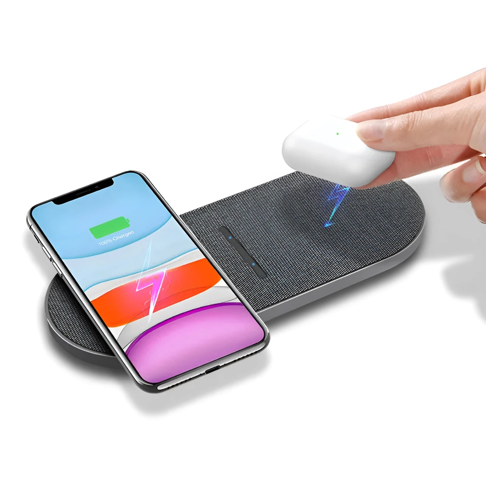 Black 10W wireless charging pad pair with Type-C and USB inputs for dual phone charging