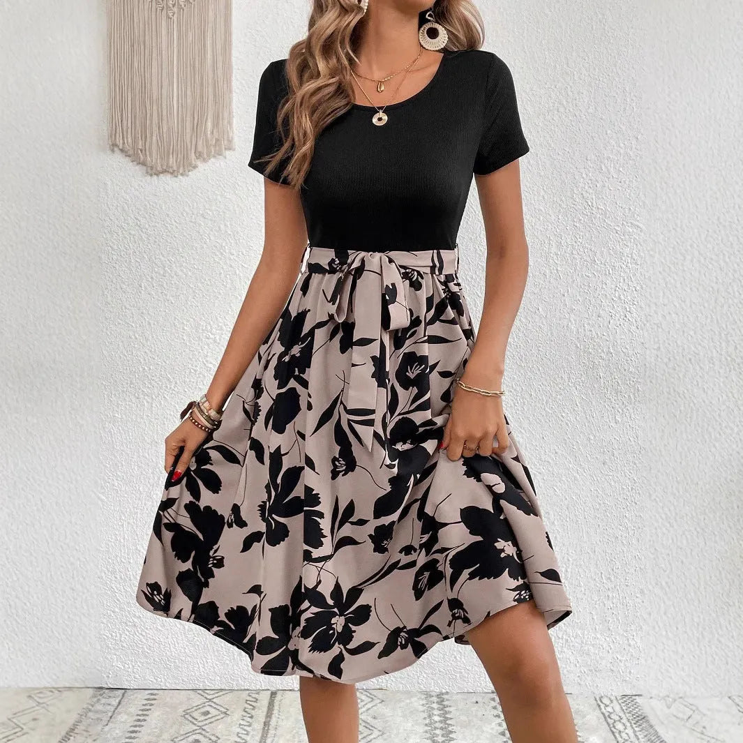 Women's khaki lace-up casual dress with A-line skirt and shoulder strap accents