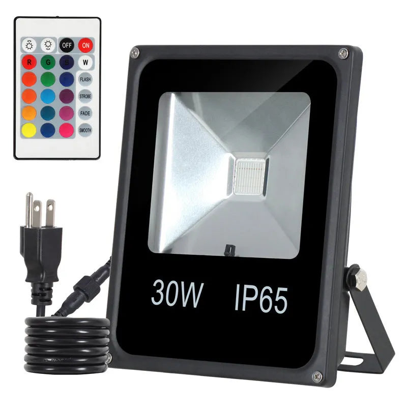 Black aluminum RGB LED flood light with IP65 rating for outdoor advertising and building lighting.
