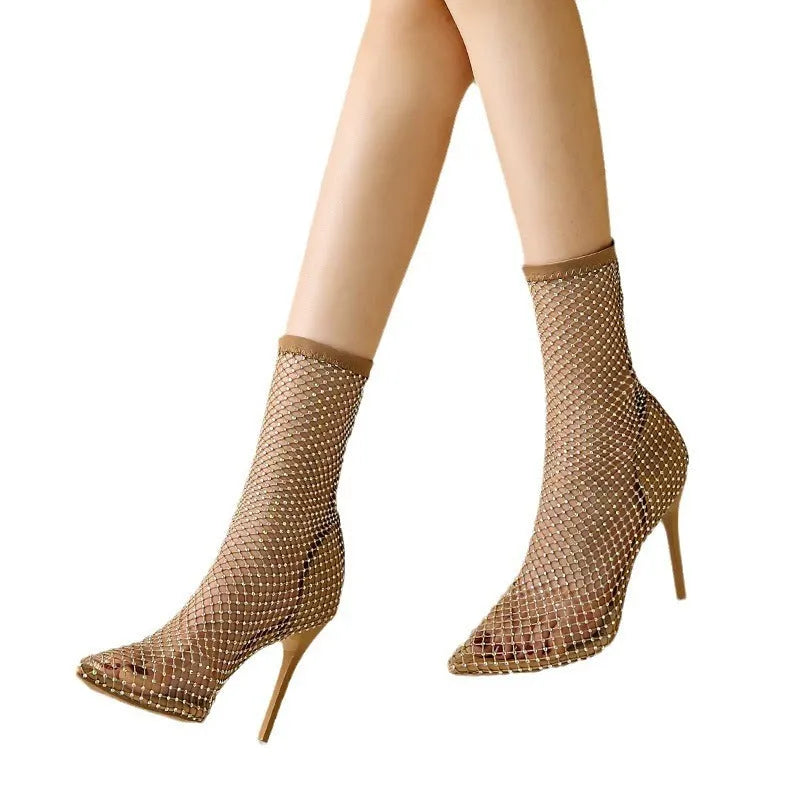 Gold mesh pointed toe stiletto high heel sandals with slip-on oversleeves design