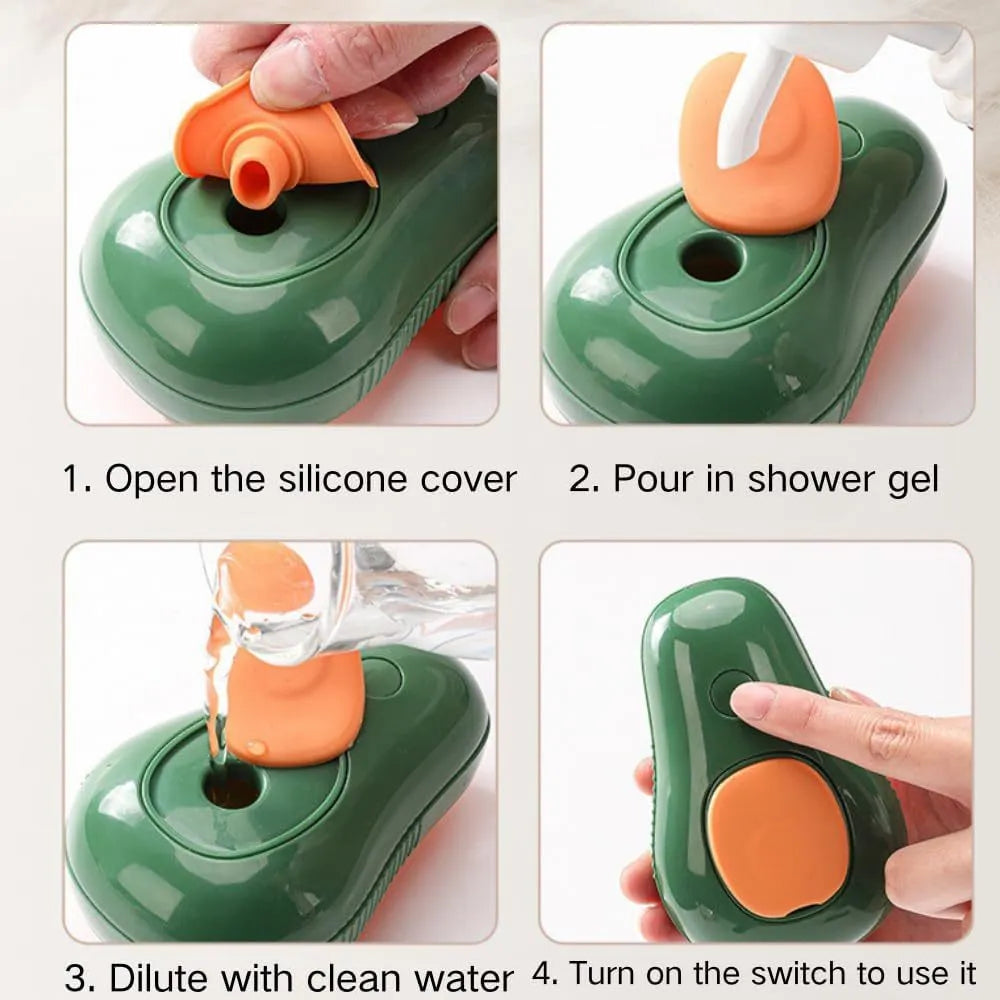Green and white cat steam brush with silicone bristles and water spray function for pet grooming