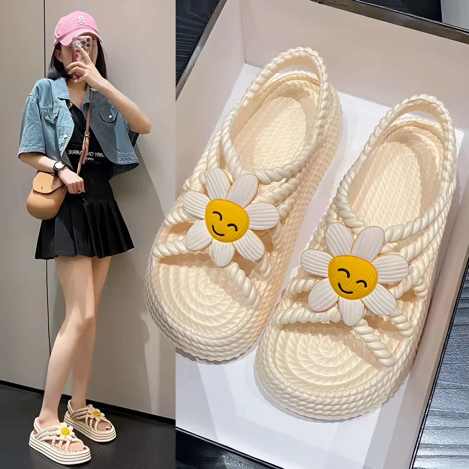 Beige women's round-toe sandals with sunflower pattern and non-slip PVC sole.