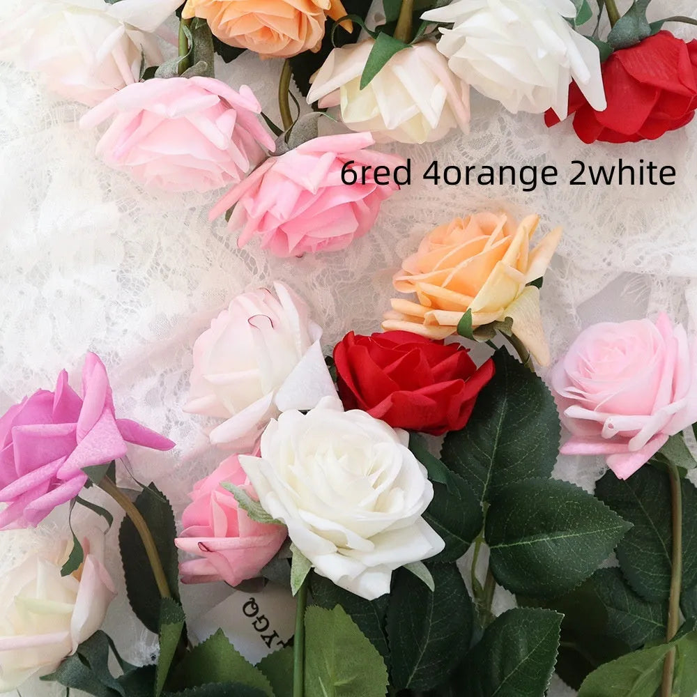 Silk artificial rose bouquet with 8.5cm flower heads in red, orange, white or purple fringe pink colours