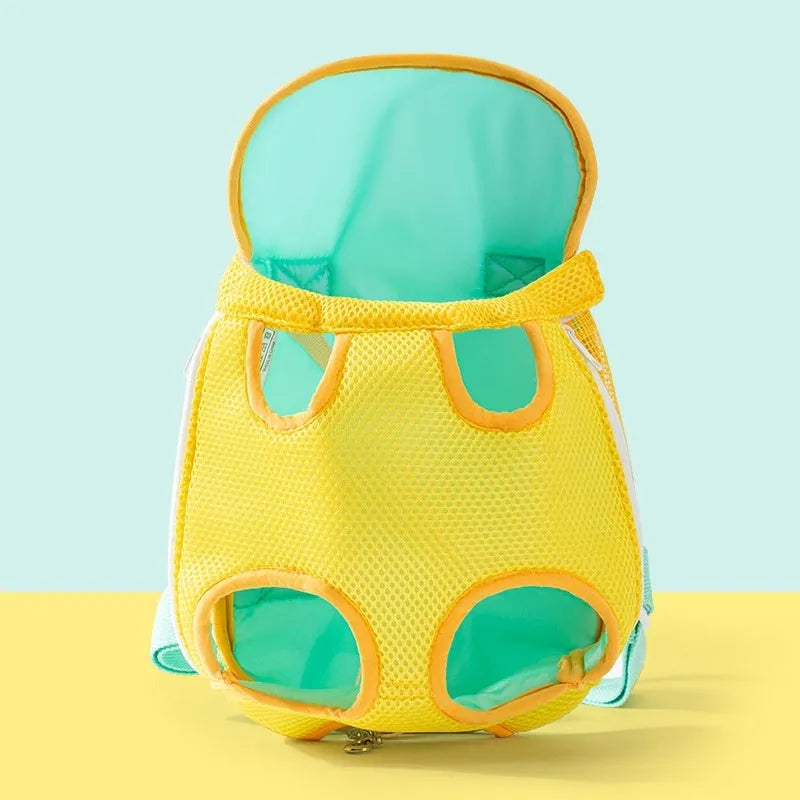 Canvas cat carrier bag with yellow bear cartoon pattern and colourful stitching in S, M, L, XL sizes