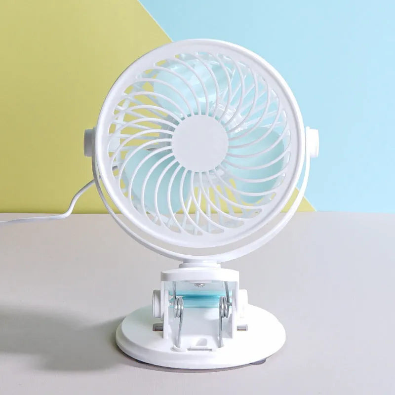 USB-powered quiet student desk fan in clip and floor configurations with brushless motor