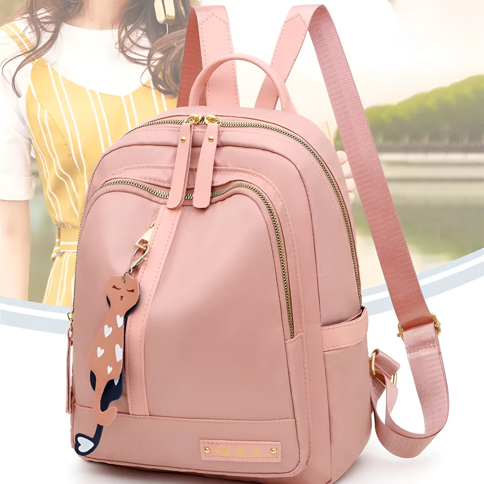 Women's black nylon casual backpack with multiple compartments and double shoulder straps