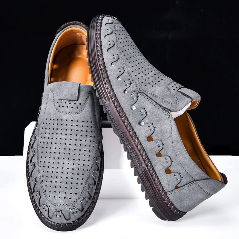 Men's brown slip-on casual shoes with round toe cap and hollowed-out sewing line detailing