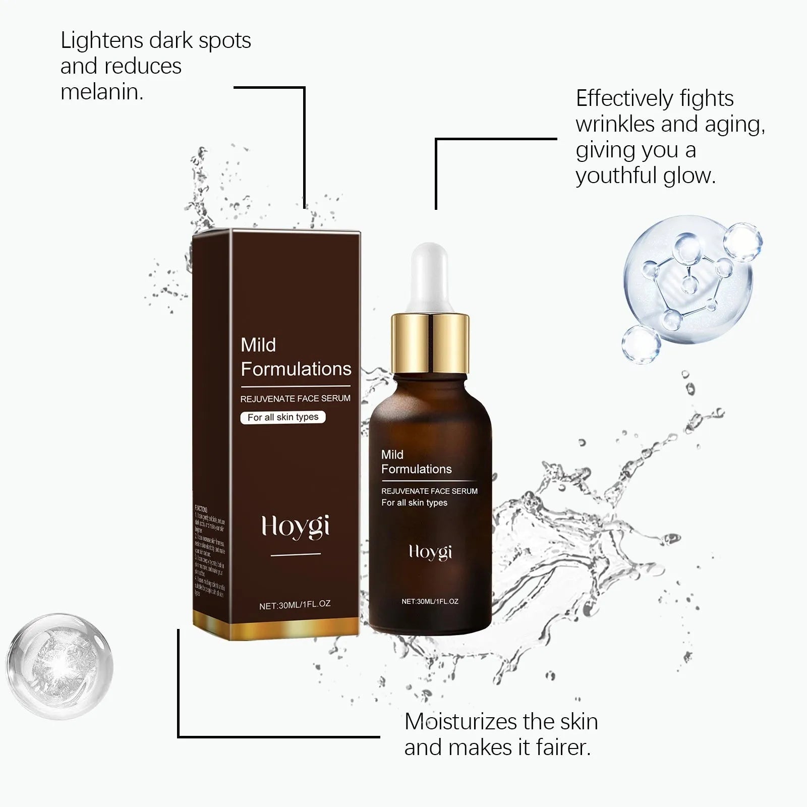 Square 30ml facial essence bottle with hyaluronic acid and vitamin C for skin hydration