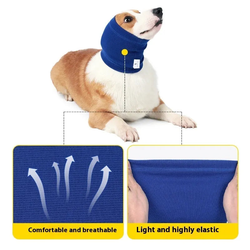 Blue and grey polyester dog headband scarf showing S M L size options