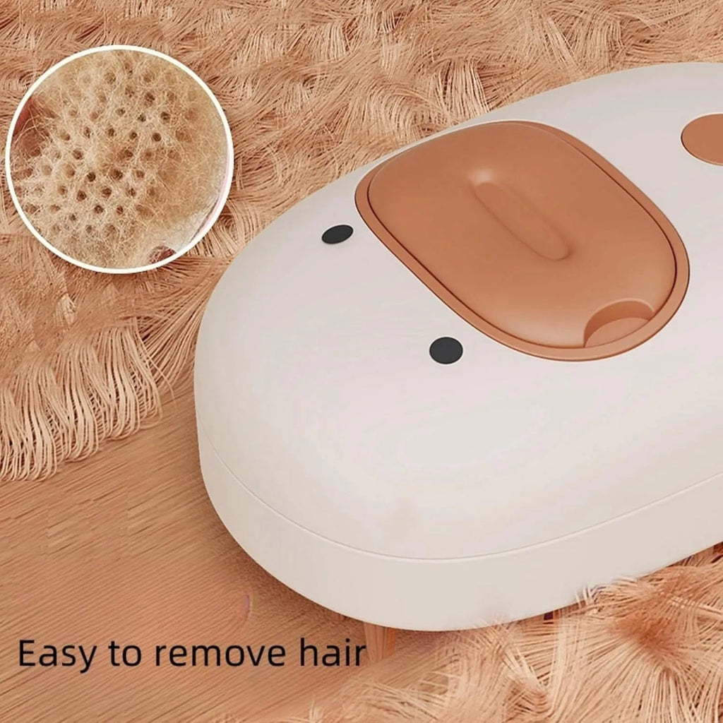White or yellow pet steam brush with rubber teeth, water tank, and ergonomic handle for grooming dogs and cats