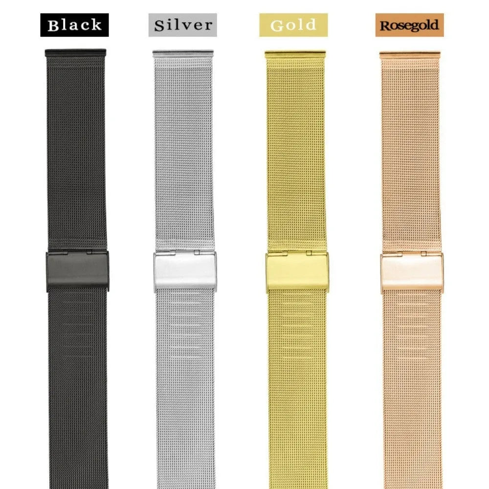 Milani silk woven stainless steel watch band in silver, black, rose gold and gold colours showing texture.