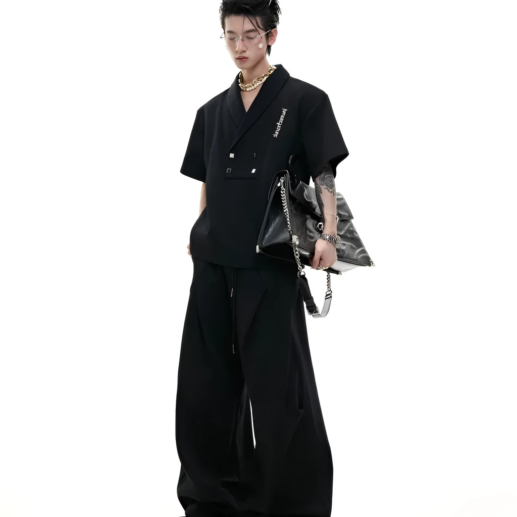 Men's dark gray V-neck cotton sports suit with metal embellishments on t-shirt and matching shorts