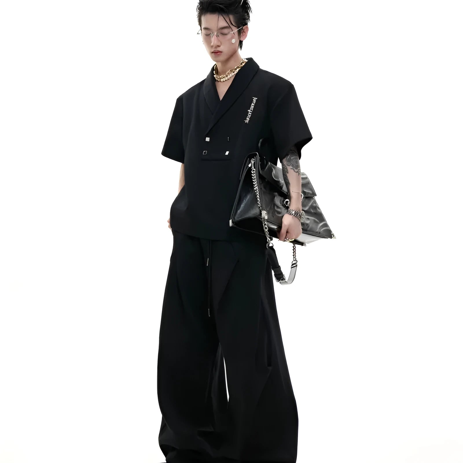 Men's dark gray V-neck cotton sports suit with metal embellishments on t-shirt and matching shorts