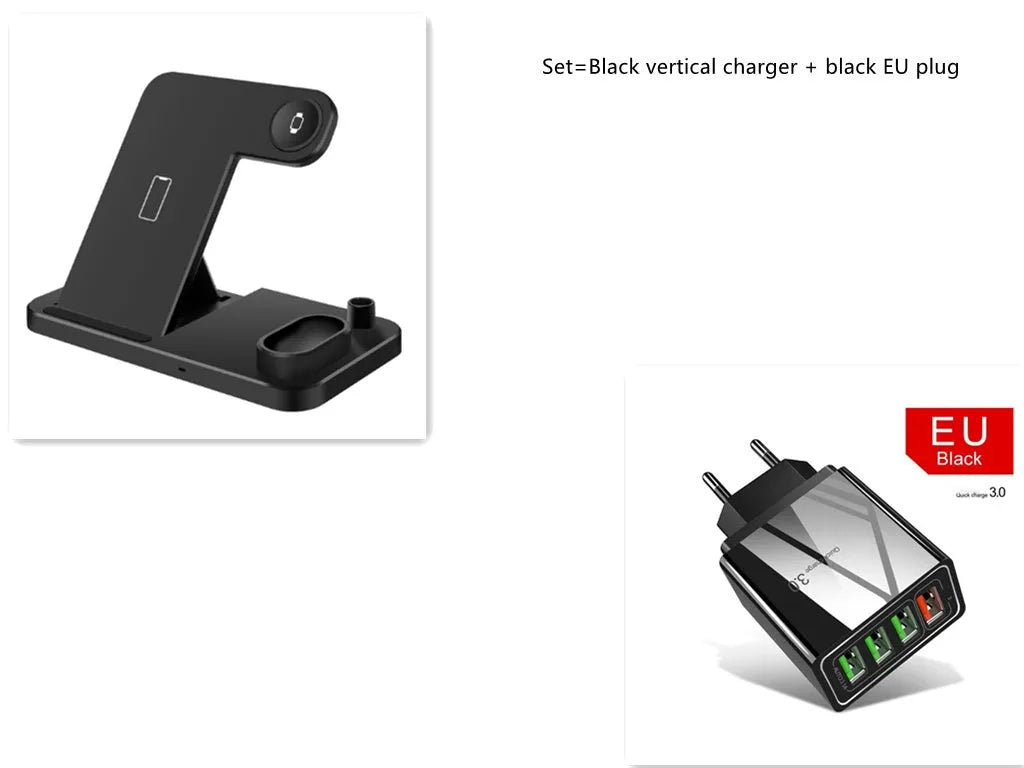 Black 4-in-1 wireless charging station showing phone, Apple Watch, AirPods, and Apple Pencil charging simultaneously.
