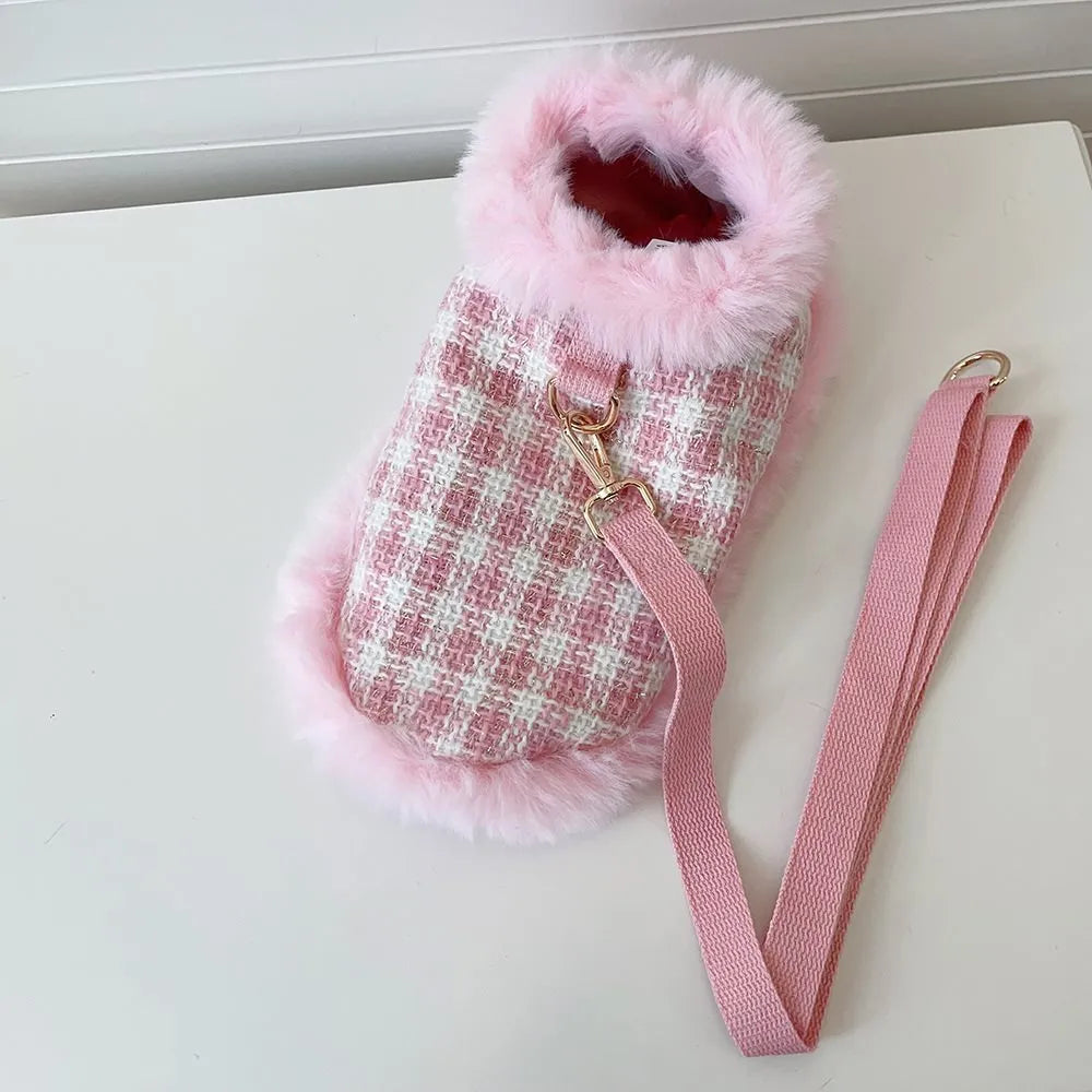 Female pink cat costume set with cape, beret, and hand holding rope for events