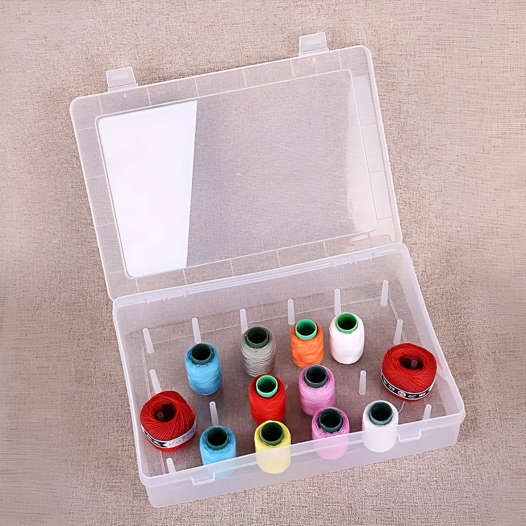 42-compartment plastic storage box for embroidery threads and sewing organisation in transparent, pink or blue