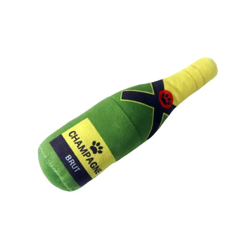 A plush fabric pet toy shaped like a wine bottle, shown in a green colour variant.