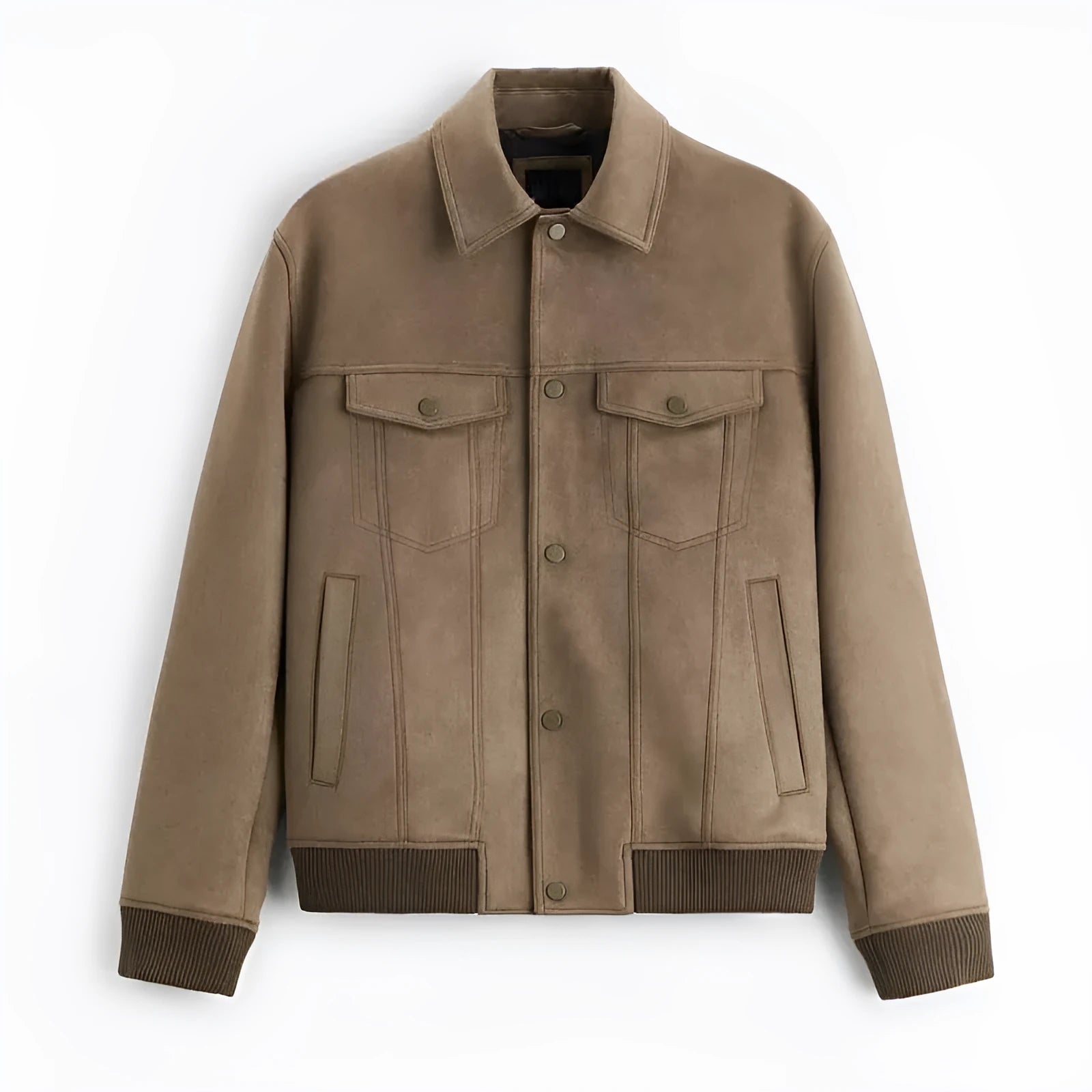 British-style suede velvet commuter jacket in light grey or mink colour with long sleeves