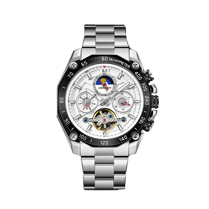 Men's automatic mechanical watch with stainless steel case on wrist, showing multi-functional dial.