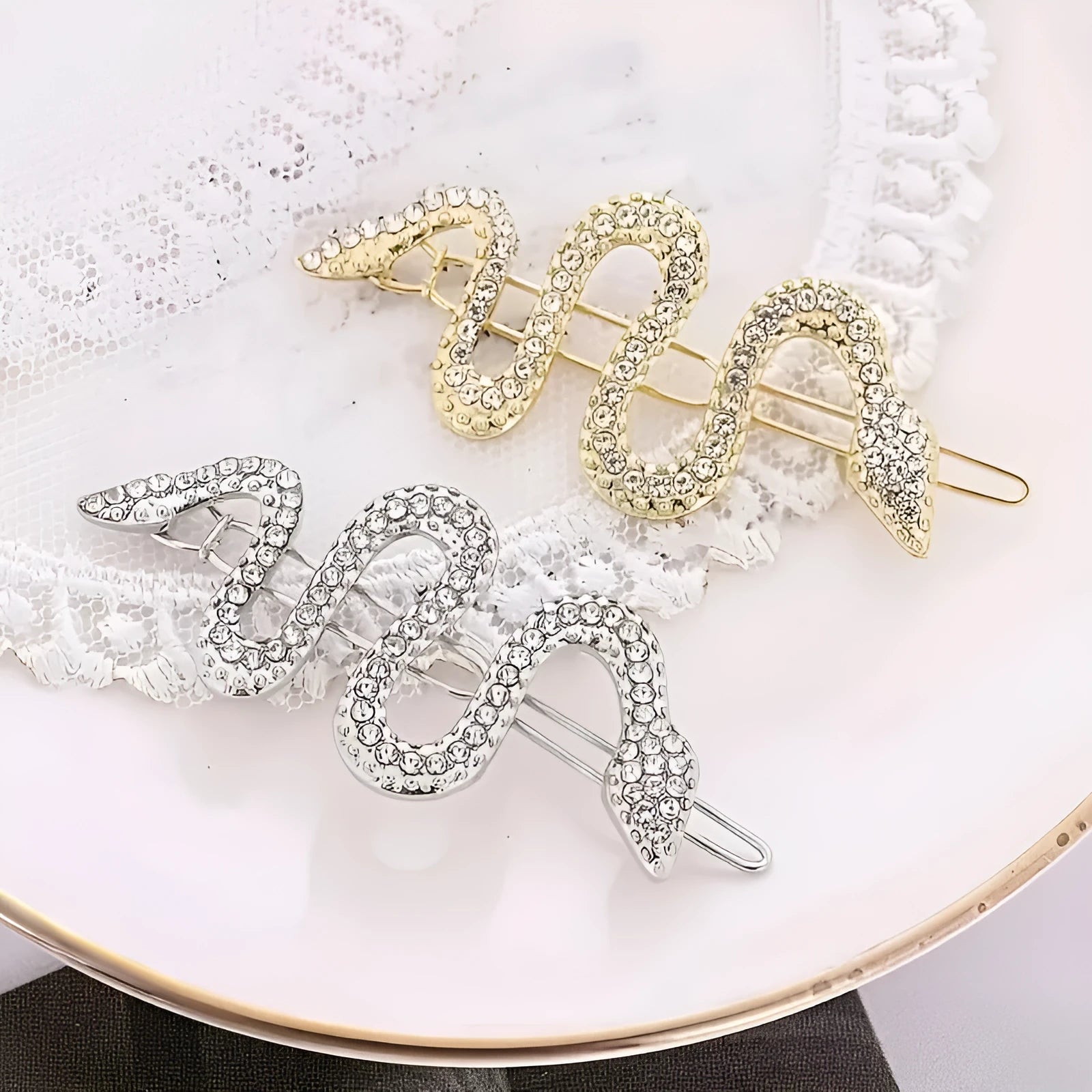 Gold and silver vintage snake hair barrettes with rhinestone detailing on alloy clips.
