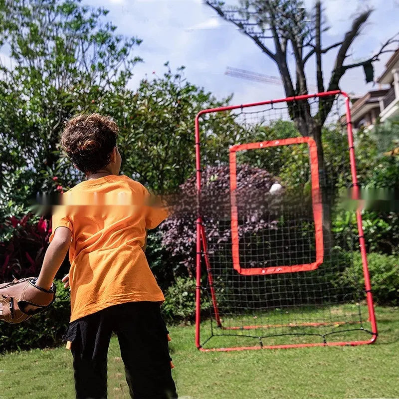 Red adjustable metal baseball training net with 4x6ft catching area for pitching practice