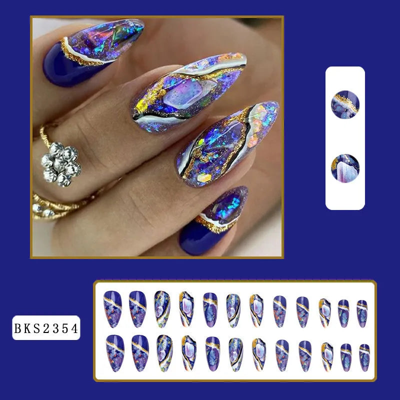 Almond-shaped European Square style nail stickers with colourful lines and rainbow patterns in four colour designs