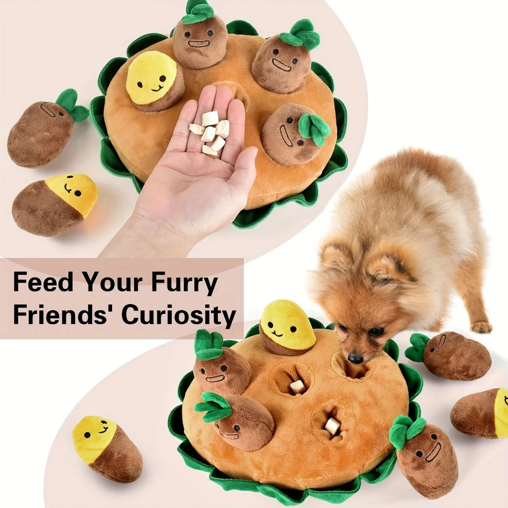 Yellow interactive dog puzzle mat with hidden squeaky plush toys for slow feeding and foraging games.