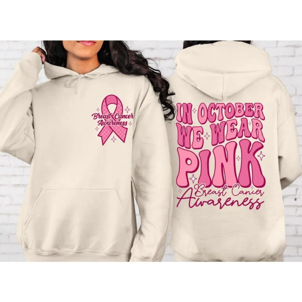 Women's pink Breast Cancer Awareness hoodie with retro art design and side pockets
