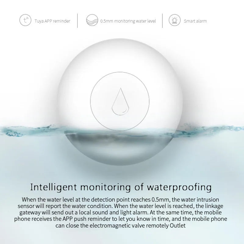 Zigbee wireless smart home water flood sensor with compact white PC housing.