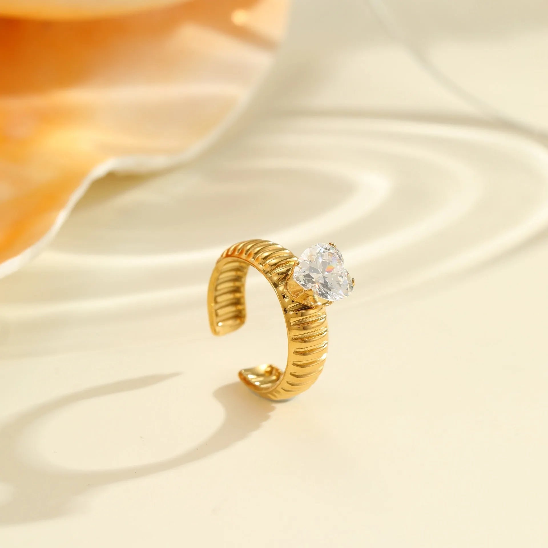 Gold inlaid zircon stainless steel ring with geometric designs and adjustable open-mouth construction