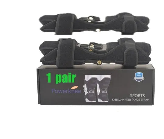 Adjustable spring knee brace support for patella, shown in black colour.