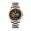 Automatic mechanical men's watch with large black dial and rose gold case, showing skeleton back.