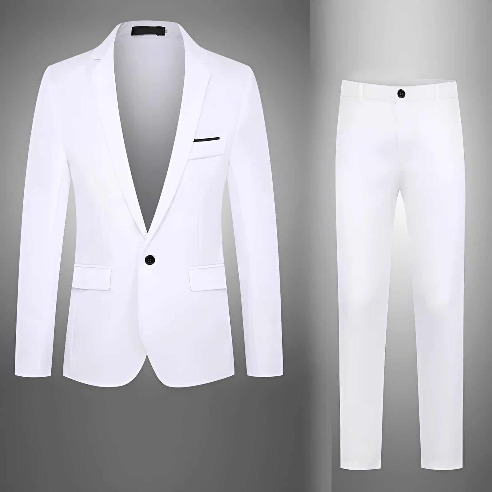 Men's loose fit acetate fibre wedding suit jacket in multiple colours on a size chart background