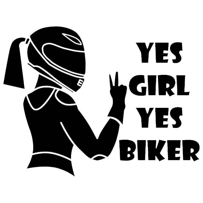 Black and white cartoon girl rider character car window sticker measuring 16cm by 15cm