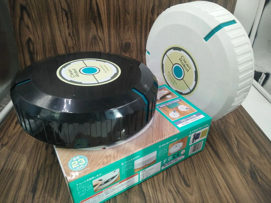 Black or white square robot vacuum cleaner with low 6cm profile for under furniture.