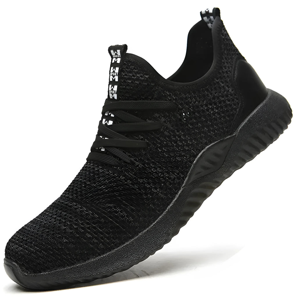 A pair of low-top work safety shoes with a steel toe cap, shown in black, grey, or dark green.