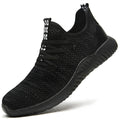 A pair of low-top work safety shoes with a steel toe cap, shown in black, grey, or dark green.