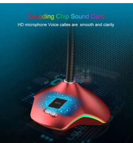 Black wired desktop microphone on a stand with a foam windscreen, showing 3.5mm connector.