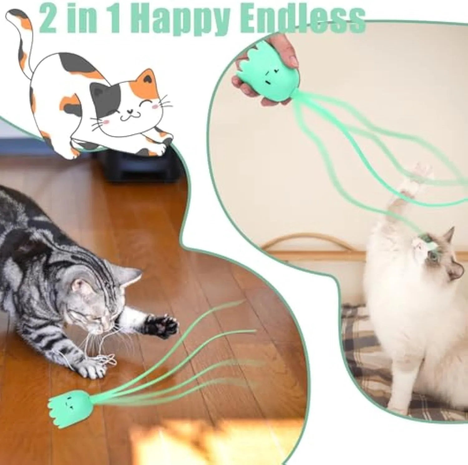 Automatic cat wand toy with swinging silicone tail measuring 38 cm long