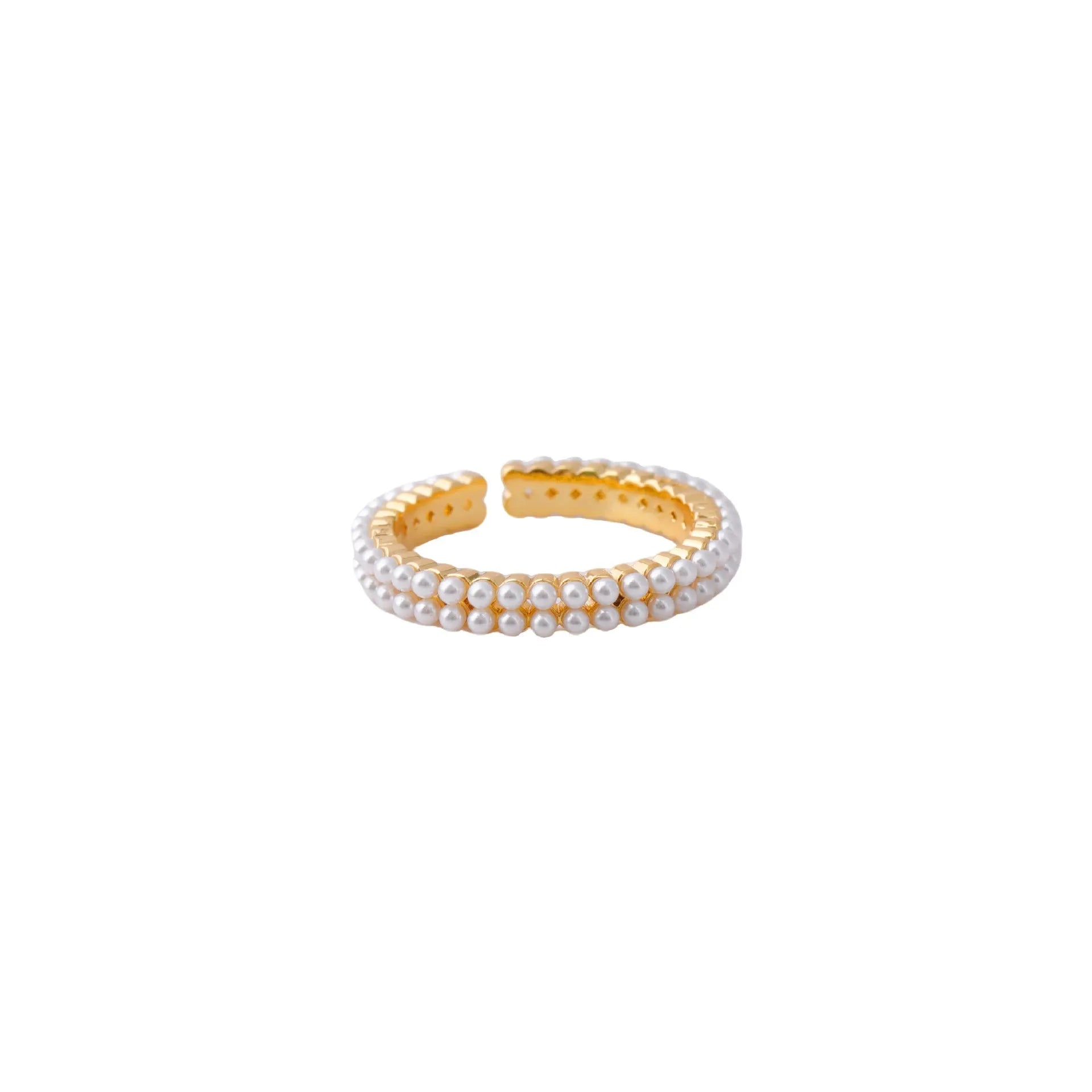 Gold geometric open-mouth women's ring with circular design elements on copper with electroplated finish