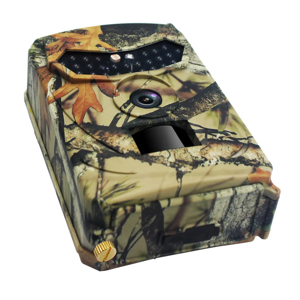 Yellow brown 16MP hunting game camera with infrared LEDs and wide lens for outdoor scouting